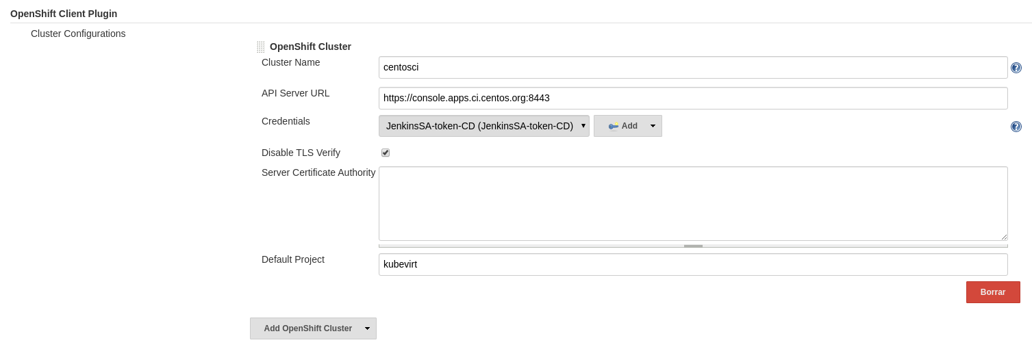 Jenkins OpenShift Client configuration
