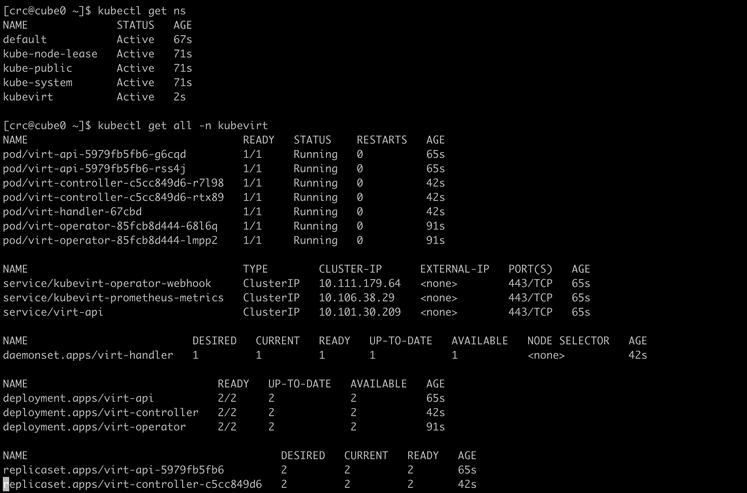 Verify KubeVirt namespace and components